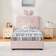 Harper & Bright Designs Twin Size Upholstered Rabbit Ear Platform Bed with Headboard, Boucle Platform Bed Frame with Storage Drawers and LED Light for Boys and Girls, Pink