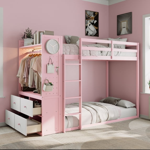 Harper & Bright Designs Twin over Twin Bunk Bed with 4 Storage Drawers and Built-in Shelves, Wooden Twin Size Bunk Beds Frame with Hanging Rail, Light Strip & Dual Pegboards, Pink