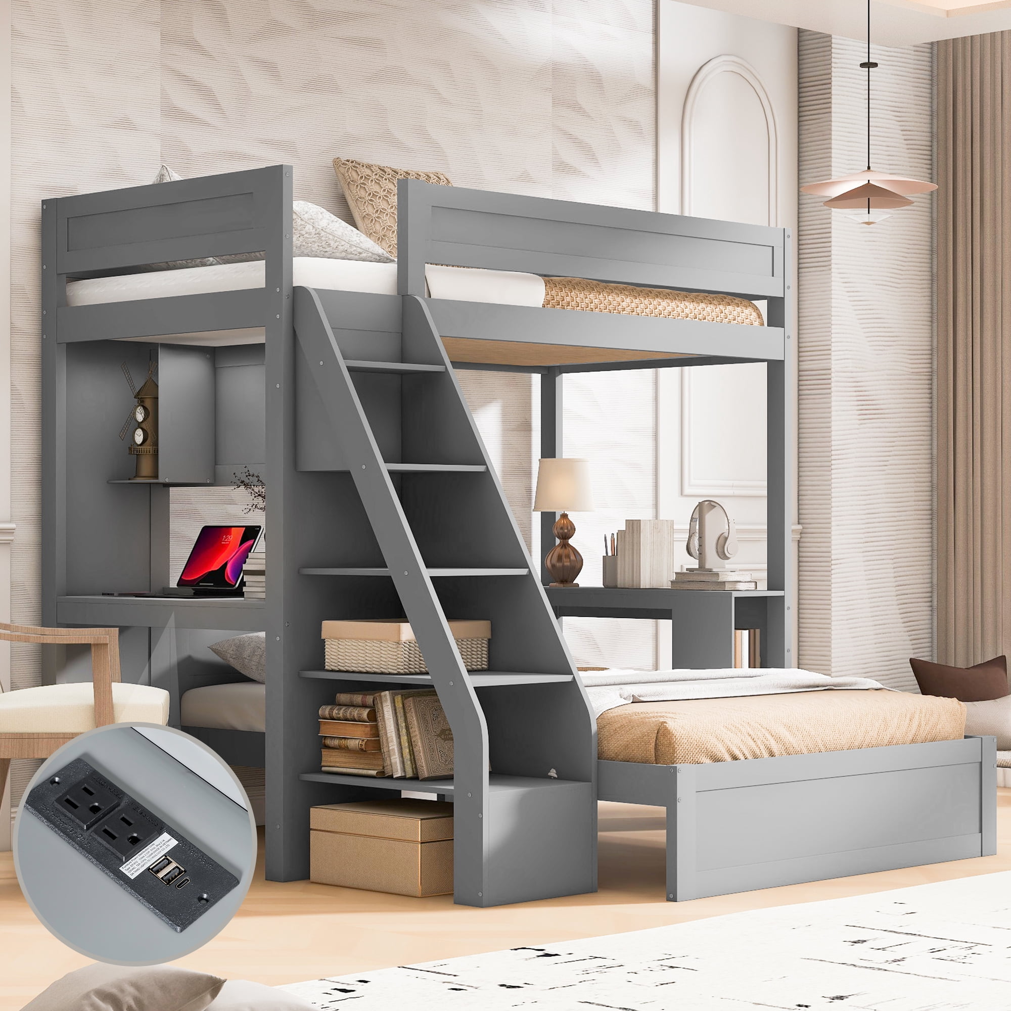 Harper & Bright Designs Twin XL Over Full L Shaped Bunk Bed with Stairs ...