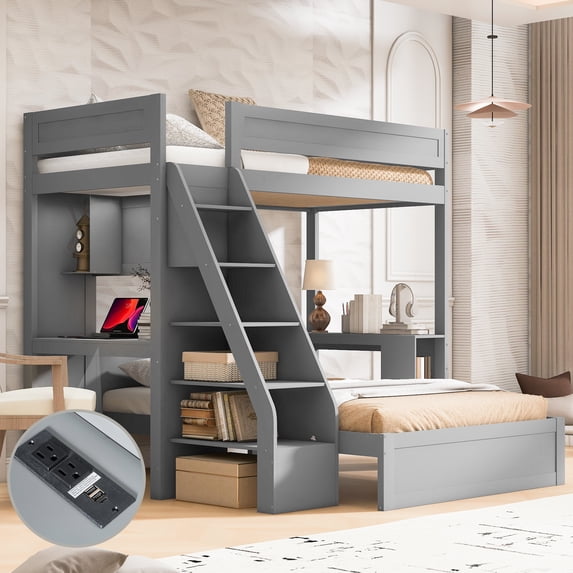 Harper & Bright Designs Twin XL Over Full L Shaped Bunk Bed with Stairs and 2 Desk & USB Charging Station, Solid Wood Separable L-Shaped Bunk Bed with Storage Shelves, Gray