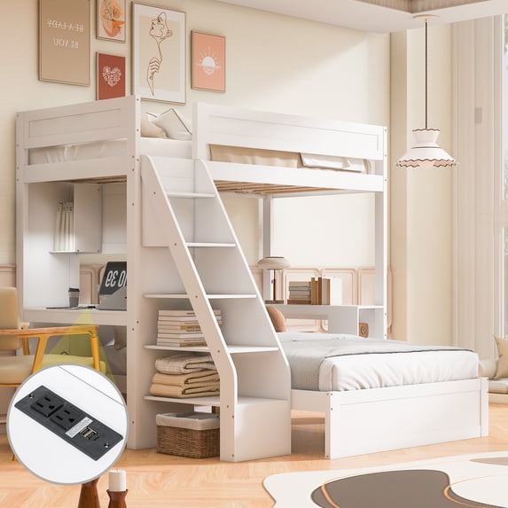 Harper & Bright Designs Twin XL Over Full L Shaped Bunk Bed with Stairs and 2 Desk & USB Charging Station, Solid Wood Separable L-Shaped Bunk Bed with Storage Shelves, White