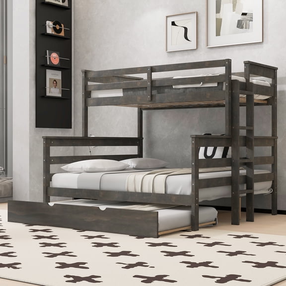 Harper & Bright Designs Twin XL Over Queen Bunk Bed with Trundle, Wood Frame Detachable into 2 Separate Beds, Sturdy Platform Bunk with Guard Rail & Ladder, Grey