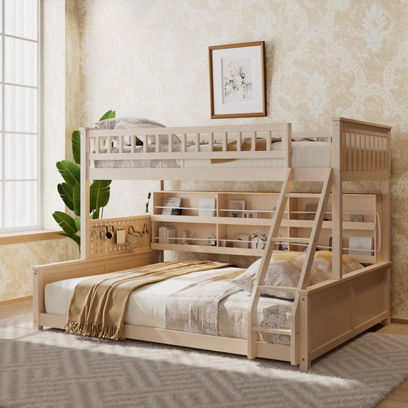 Harper & Bright Designs Twin XL over Queen Size Bunk Bed with Storage Shelves and Pegboard, Space-Saving 2 Beds in 1 Detachable Bed Frame with LED Strip, Beige