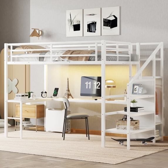 Harper & Bright Designs Twin XL Size Metal Loft Bed with L-shaped Desk and Wardrobe, High Loft Bed with Adjustable Shelf and LED, Milk White