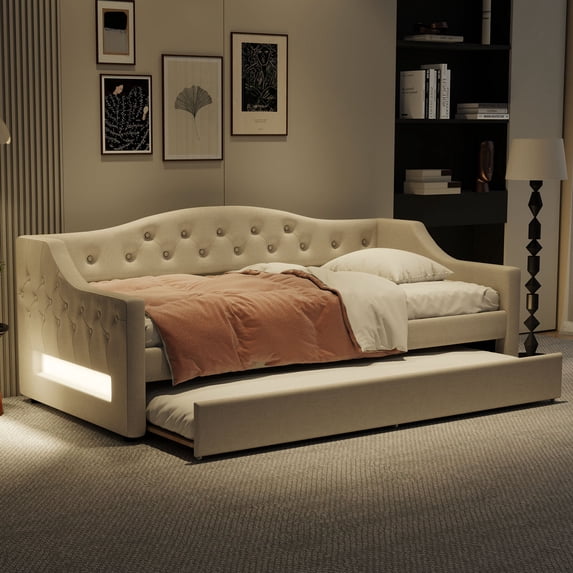 Harper & Bright Designs Twin XL Size Upholstered Daybed with Trundle and Button Tufted Backrest, Linen Sofa Bed with LED Belt, Beige