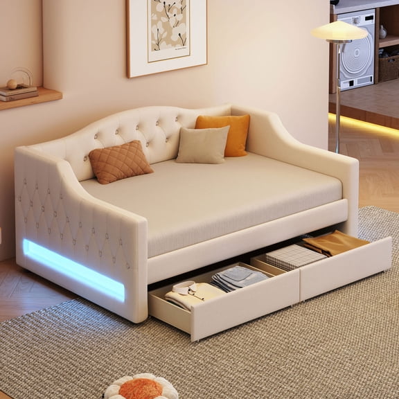 Harper & Bright Designs Twin XL Size Upholstered Daybed with Trundle and Button Tufted Backrest, Linen Sofa Bed with LED Belt, Beige