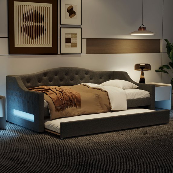 Harper & Bright Designs Twin XL Size Upholstered Daybed with Trundle and Button Tufted Backrest, Linen Sofa Bed with LED Belt, Gray