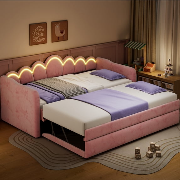 Harper & Bright Designs Twin XL Size Upholstery Daybed with Extended Pop Up Trundle, Wooden Daybed Frame with LED Light, Trundle can be flat or erected, for Living Room Guest Room Bedroom, Pink