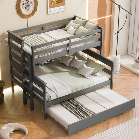 Harper & Bright Designs Twin over Full Bunk Bed with Trundle, Wood Bunk Bed Frame with Ladder and Safety Guardrail, Grey