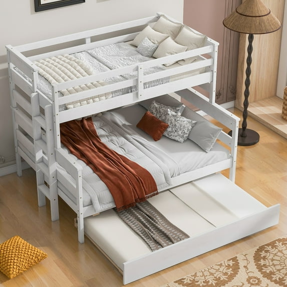 Harper & Bright Designs Twin over Full Bunk Bed with Trundle, Wood Bunk Bed Frame with Ladder and Safety Guardrail, White