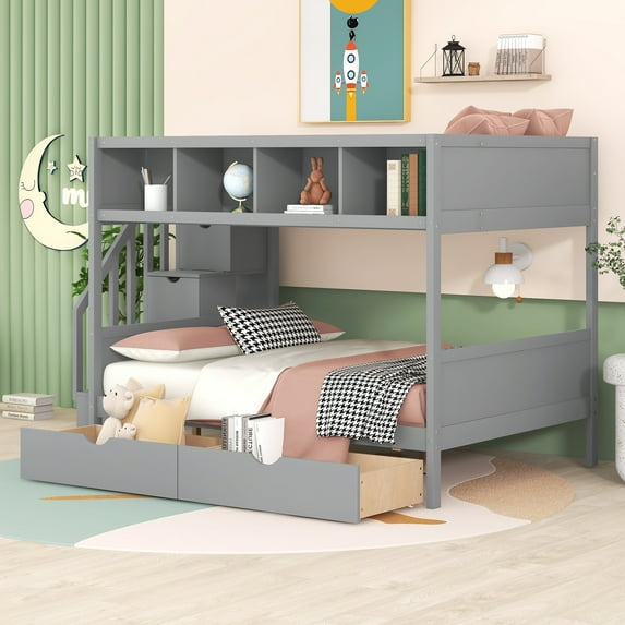 Harper & Bright Designs Twin over Full Bunk Beds with Staircase and Drawers, Wooden Bunk Bed Frame with Storage Shelf for Bedroom, Gray