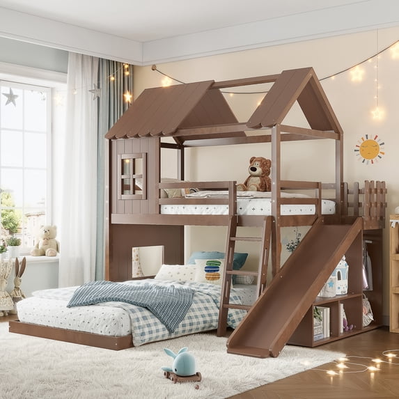 Harper & Bright Designs Twin over Full House Bunk Bed with Wardrobe and Storage Shelves, Wood Bunk Bed Frame with Ladders and Slides, Antique Natural