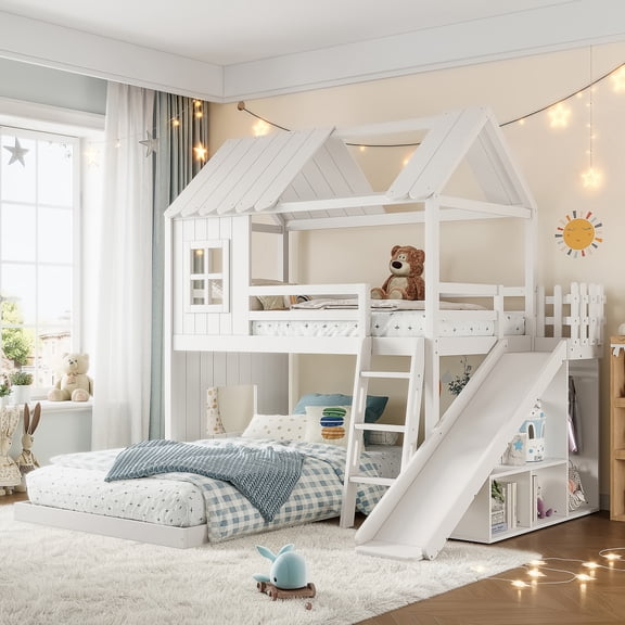 Harper & Bright Designs Twin over Full House Bunk Bed with Wardrobe and Storage Shelves, Wood Bunk Bed Frame with Ladders and Slides, White
