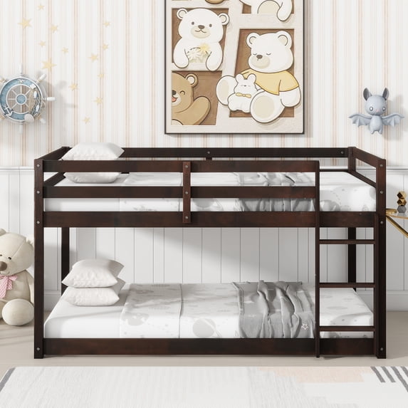 Harper & Bright Designs Twin over Twin Bunk Bed with Ladder, Floor Bunk Bed with Solid Wood Frame and Guardrail for Boys Girls, Espresso
