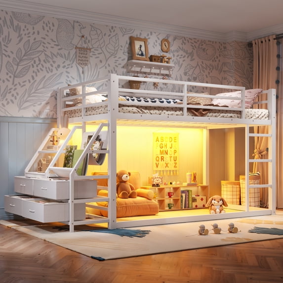 Harper & Bright Designs Twin over Twin Bunk Bed with Storage Drawers and Shelves, Metal Bunk Bed Frame with LED Lights, Ladder and Guardrail, White