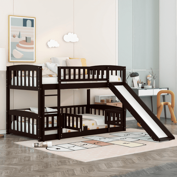 Harper & Bright Designs Twin over Twin Low Bunk Bed with Slide, Multifunctional Wooden Floor Bunk Bed Frame with Small Door for Boys Girls, Espresso