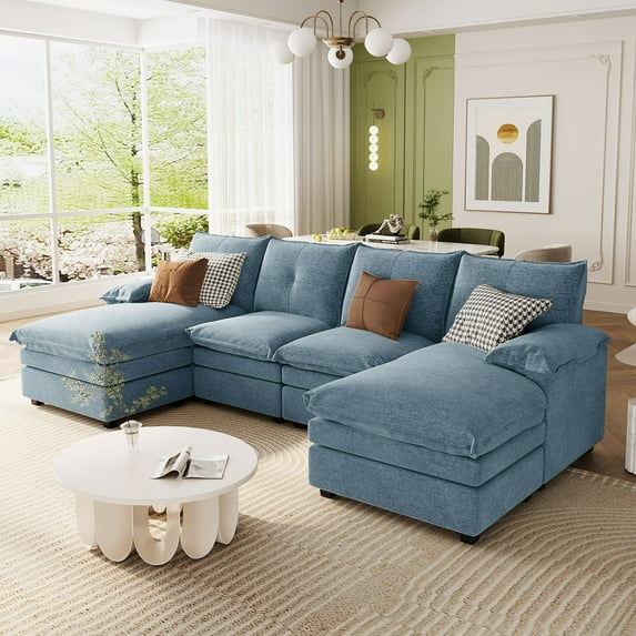 Harper & Bright Designs U-Shaped Sectional Sofa, 4-Seat Couch with Chaise and Lounger, Chenille Upholstered Sectional Sofe with Adjustable Armrest Pillows, Blue