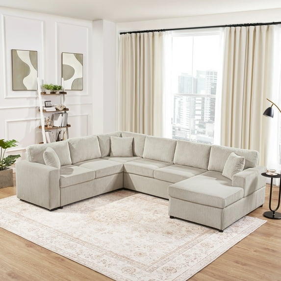Harper & Bright Designs U-Shaped Sectional Sofa Corduroy Fabric Oversized Sofa with Chaise Lounge and Three Pillows for Living Room, 115.3", Light Gray