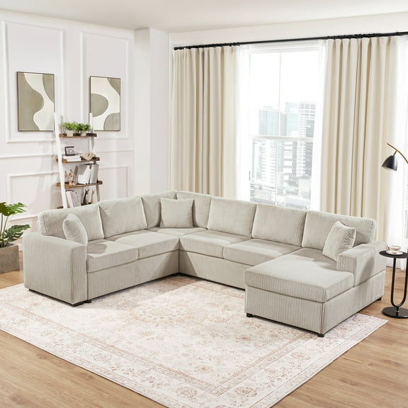 Harper & Bright Designs U-Shaped Sectional Sofa Corduroy Fabric Oversized Sofa with Chaise Lounge and Three Pillows for Living Room, 115.3", Light Gray