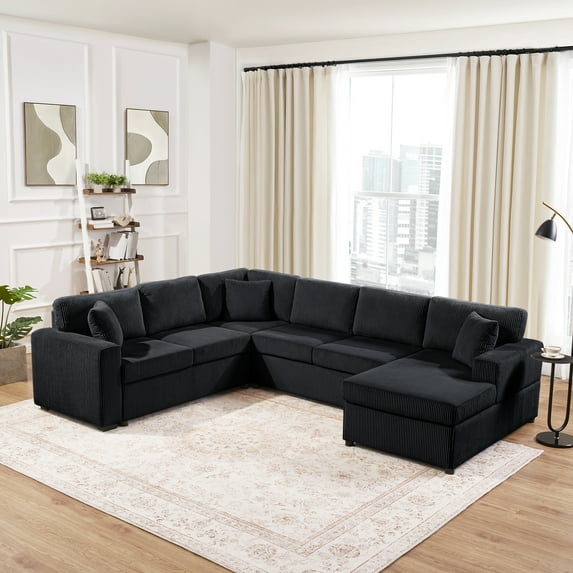 Harper & Bright Designs U-Shaped Sectional Sofa Corduroy Fabric Oversized Sofa with Chaise Lounge and Three Pillows for Living Room, 115.3", Black