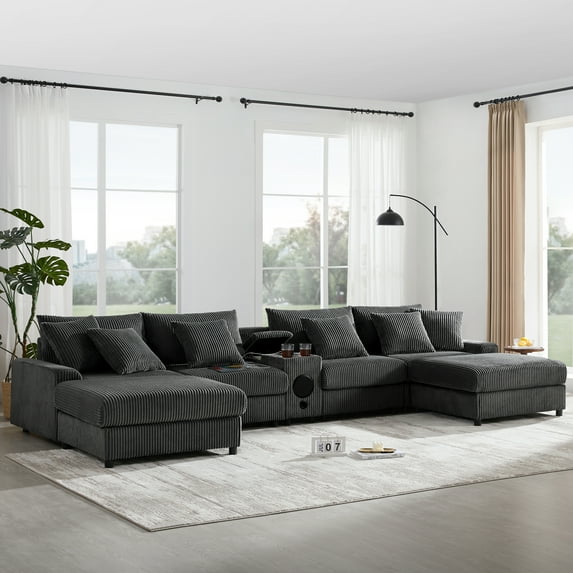 Harper & Bright Designs U-Shaped Sectional Sofa Set with Console and Cup Holders, 4-Seat Couch with Ottoman and Wide Seat, Corduroy Upholstered Sectional Sofe with USB Charger and Storage, Dark Gray