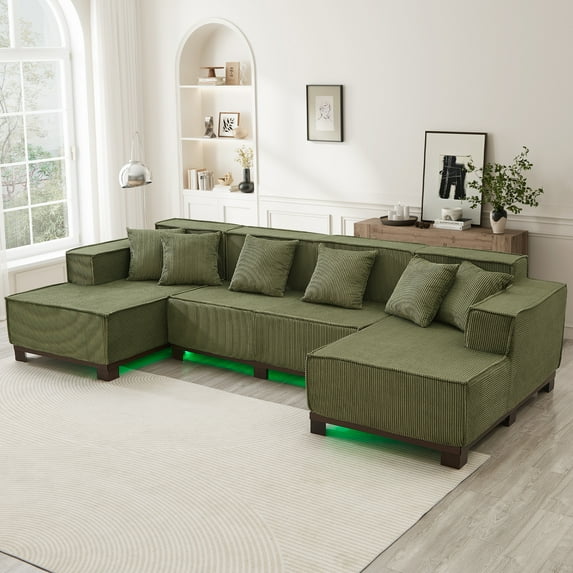 Harper & Bright Designs U-Shaped Sectional Sofa Set for Living Room, Corduroy Upholstered Sectional Sofa with RGB LED Light Strip and 6 Pillows, Green