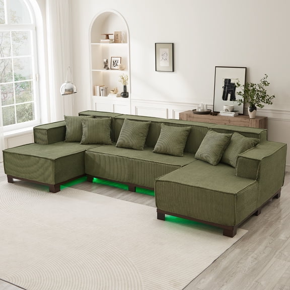 Harper & Bright Designs U-Shaped Sectional Sofa Set for Living Room, Corduroy Upholstered Sectional Sofa with RGB LED Light Strip and 6 Pillows, Green