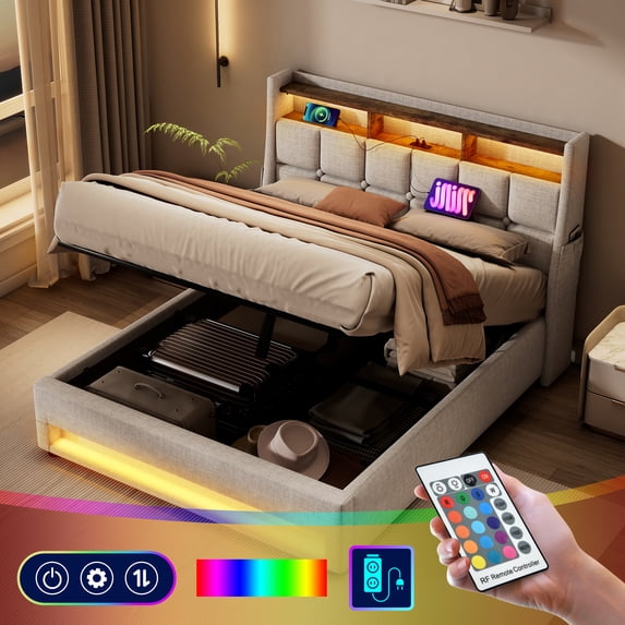 Harper & Bright Designs Upholstered Full Size Bed with Lift Up Storage & LED Lights, Hydraulic Storage Bed with USB, Linen Full Bed Frame with Headboard, Natural