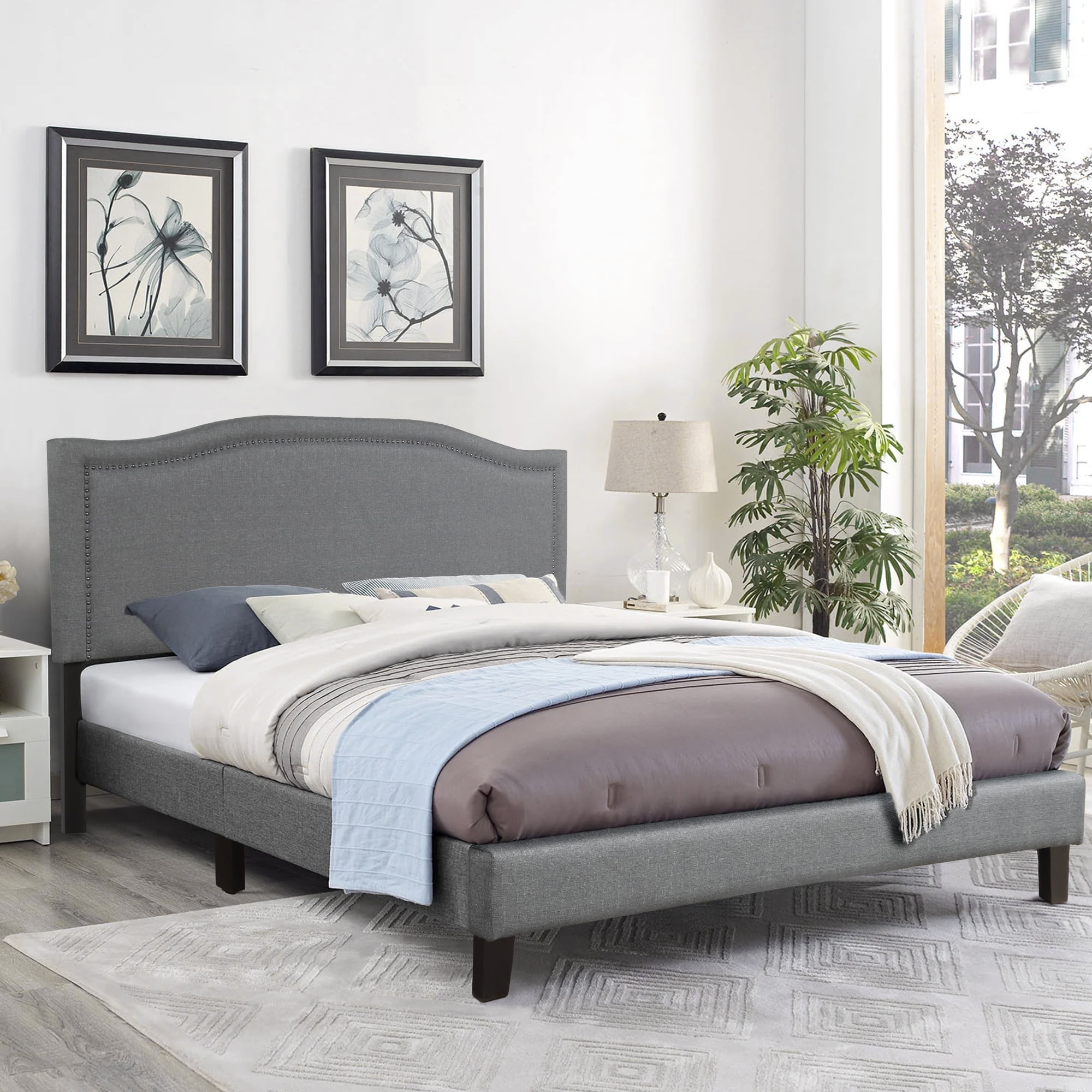 Harper & Bright Designs Upholstered Standard Bed with Headboard and Nailhead Detail, Gray, King
