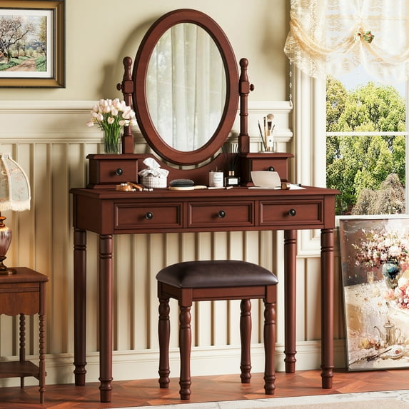 Harper & Bright Designs Vanity Desk with Mirror , Vintage Makeup Vanity Table Set with Cushioned Stool , Dressing Table with Velvet Fabric Lining Drawer for Bedroom , Wood