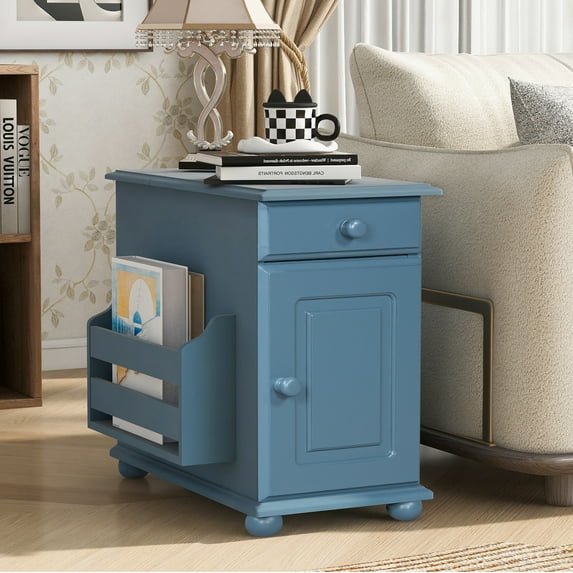 Harper & Bright Designs Vintage End Table with Drawer, Adjustable CoffeeTable with USB Ports, Sofa Side Table with Bookshelf for Small Space, Navy Blue