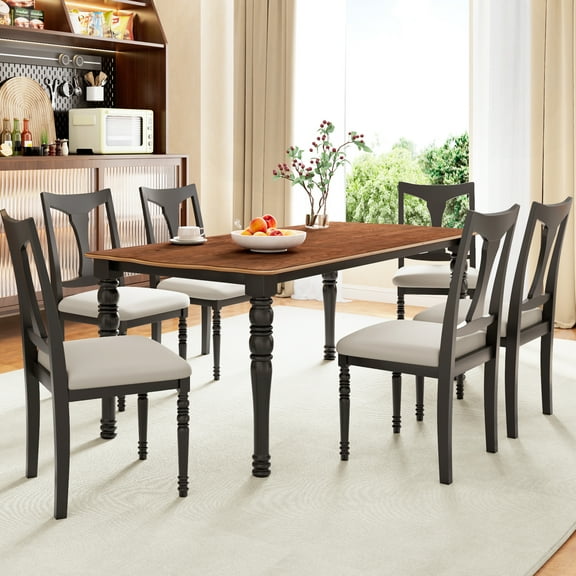 Harper & Bright Designs Vintage Extendable Dining Table Set for 6, Rectangle Rustic Farmhouse Kitchen Table Set with Removable Leaf and with 6 Chairs for Kictchen, Black+Brown