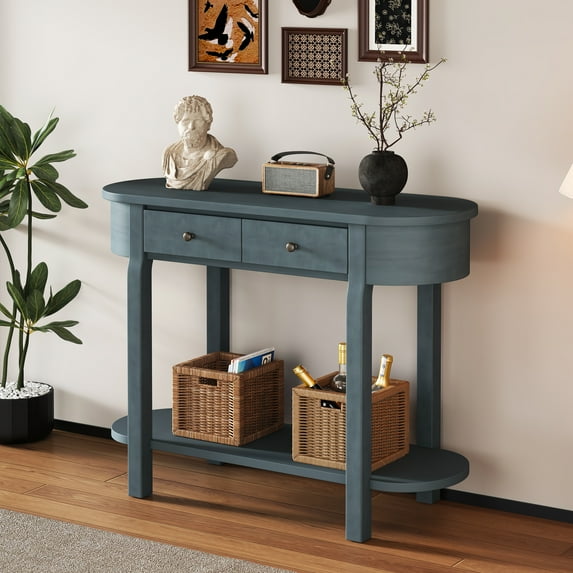 Harper & Bright Designs Vintage Narrow Console Table with Stroage , Wood Entryway Table with Open Shelf for Entryways , Living Rooms and hallways , Navy