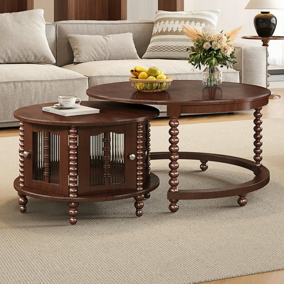 Harper & Bright Designs Vintage Round Nesting Coffee Table with Storage, Retro Wood Center Table with Glass Doors, Walnut