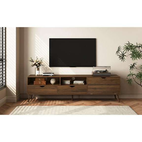 Harper & Bright Designs Vintage TV Stand with Drawers for 80" TV, Media Console Table with Storage, TV Storage Cabinet with Drop-down Door, Natural