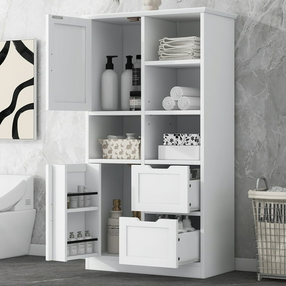 Harper & Bright Designs White Bathroom Storage Cabinet with Drawer and Doors, Modern Freestanding Cabinet with Adjustable Shelf for Bathroom