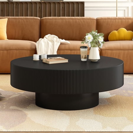 Harper & Bright Designs Black Round Coffee Table, Drum End Table with Thick Tabletop, Minimalist Fluted Center Table with Sturdy Base for Living Room