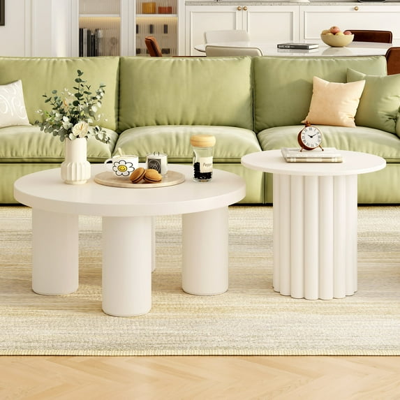 Harper & Bright Designs White Round Coffee Table Set of 2, Modern Fluted Center Table with End Table for Living Room