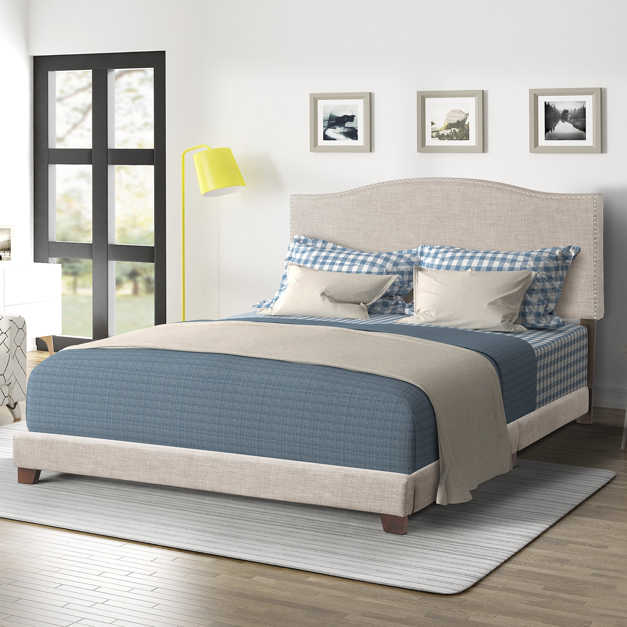 Harper & Bright Designs Wilshire Upholstered Linen Nail Head Trim Platform Bed with Slat Support, Multiple Sizes (King)