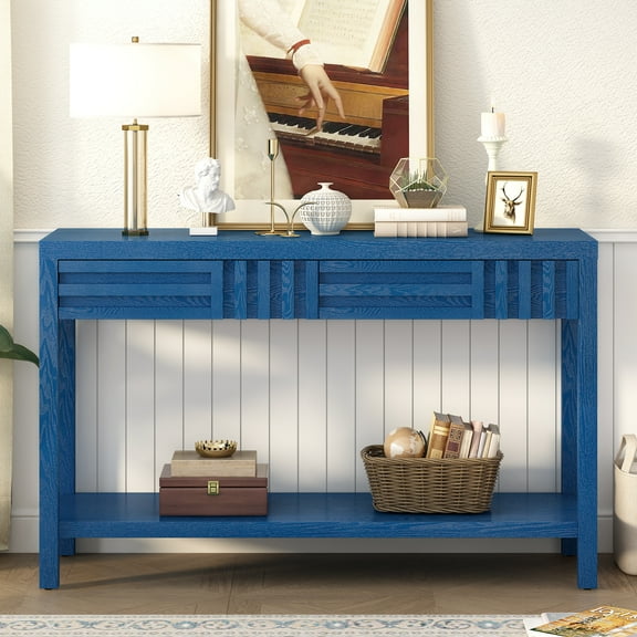 Harper & Bright Designs Wood Console Table with Stroage , Modern Entryway Table with Striped Design for Living Room and Study , Navy Blue