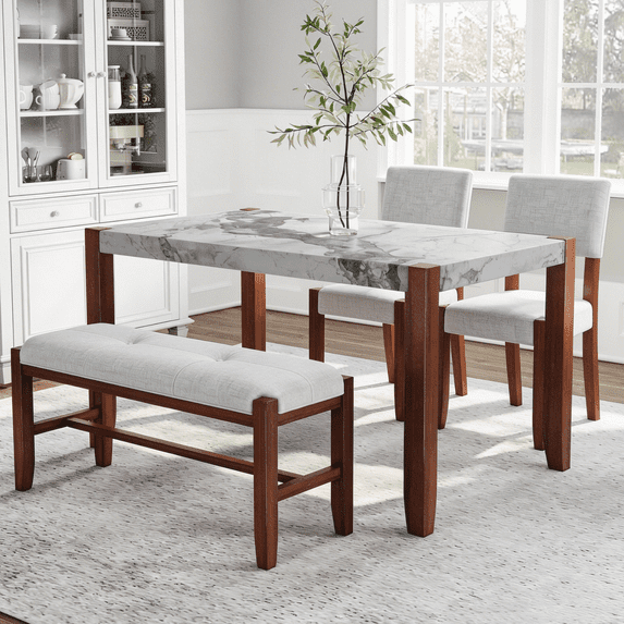 Harper & Bright Designs Wood Dining Set with Bench for 4, Rectangle Kitchen Table with Marble Veneer Tabletop, 2 Upholstered Chairs for Dining Room, Beige