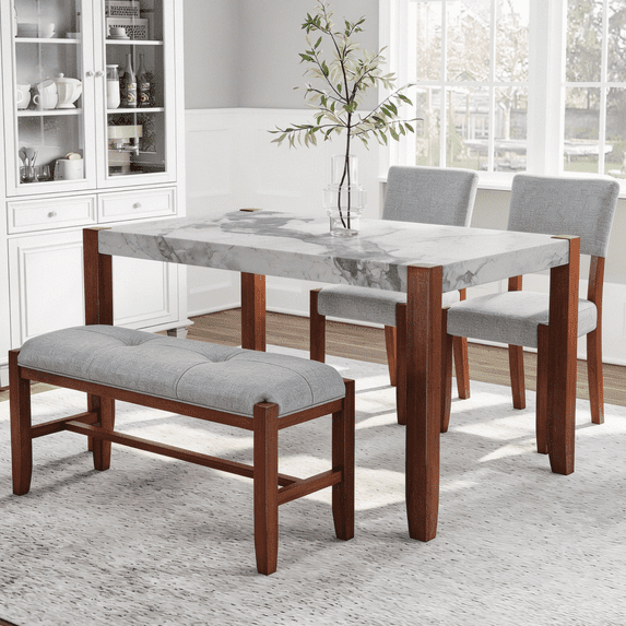 Harper & Bright Designs Wood Dining Set with Bench for 4, Rectangle Kitchen Table with Marble Veneer Tabletop, 2 Upholstered Chairs for Dining Room, Gray