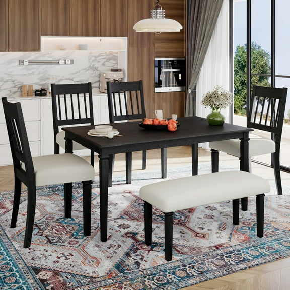 Harper & Bright Designs Wood Dining Table Set with Bench, 6 Pieces Kitchen Table Set with 4 Upholstered Dining Chairs, Grey