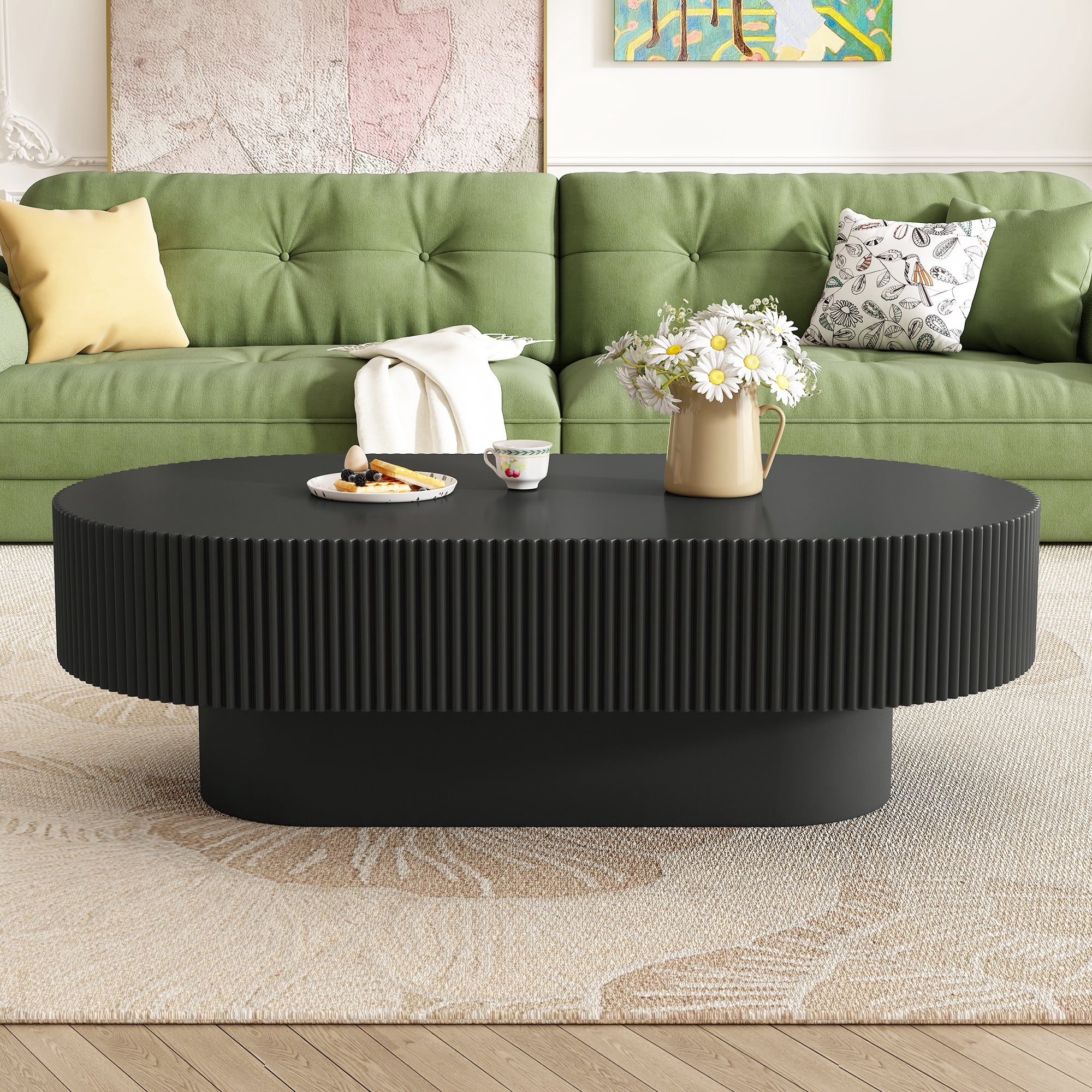Harper & Bright Designs Wood Fluted Coffee Table, Modern Drum End Table, Oval Center Table with Sturdy Base for Living Room, Black