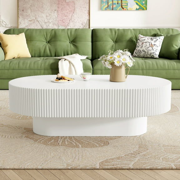 Harper & Bright Designs Wood Fluted Coffee Table, Modern Drum End Table, Oval Center Table with Sturdy Base for Living Room, White