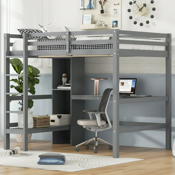 Harper & Bright Designs Wood Full Size Loft Bed with Desk, High Loft Bed Frame with Storage Shelves, Gray