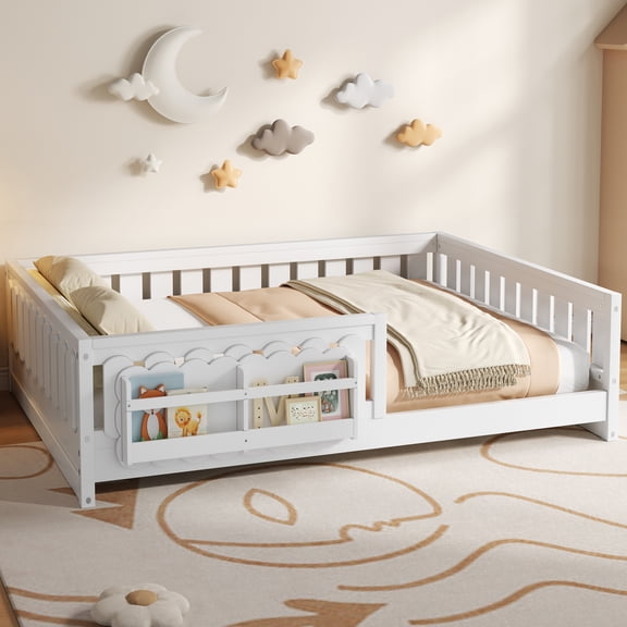 Harper & Bright Designs Wood Full Size Montessori Floor Bed with Semi-Enclosed Guardrail & Built-in Bookshelves, Low Profile Platform Bed Frame with Storage, White
