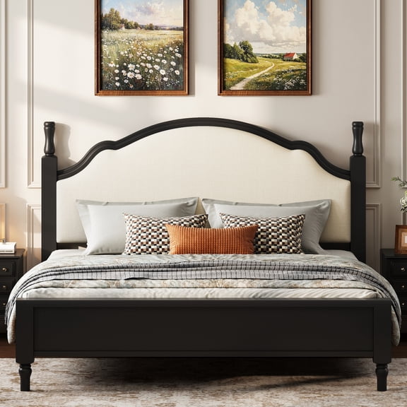 Harper & Bright Designs Wood Mid Century Platform Bed Queen Size with Upholstered Headboard, Queen Elegant Retro Platform Bed with Slat Support for Bedroom, Beige+Black