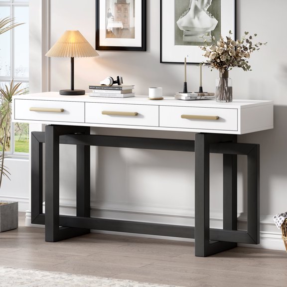 Harper & Bright Designs Wood Narrow Console Table with Stroage , Extra Long Entryway Table with Three Drawers for Hallway and Entryway , Grey+White