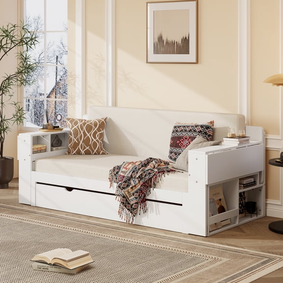 Harper & Bright Designs Wood Queen Daybed with Pop Up Trundle & Hydraulic Side Table, Queen Size Daybed with Storage Drawers & Removable Desk, White